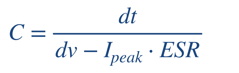 Formula for C = dt/(dV - I_peak * ESR) 